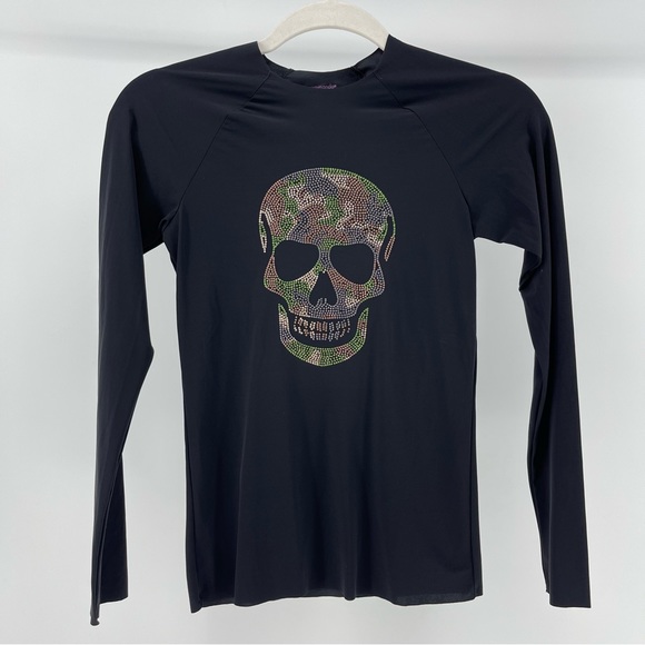 Commando Camo Skull Black Long Sleeve Stretch Knit Top, Women's Small - Picture 1 of 5